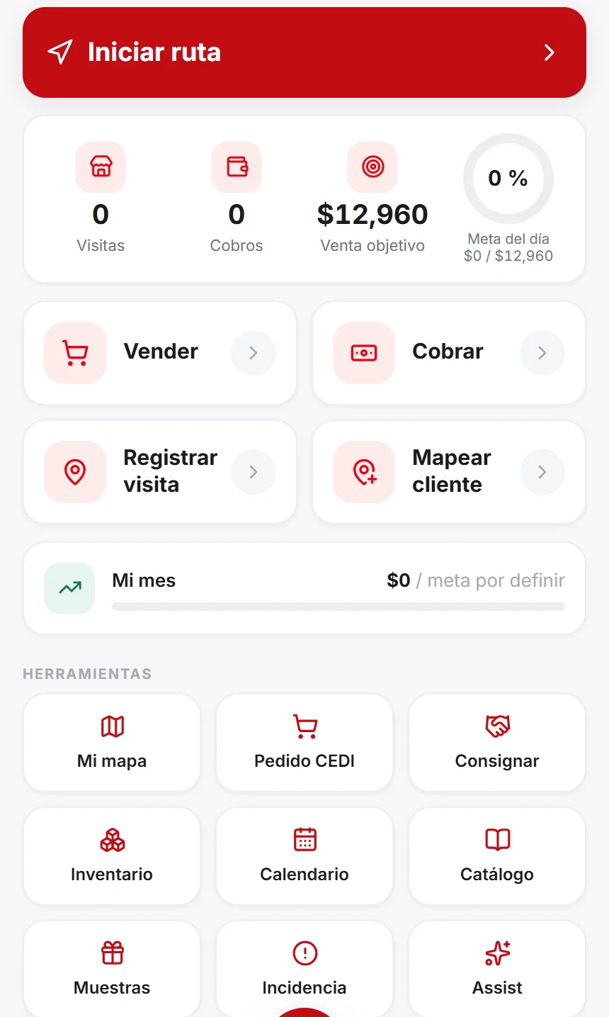 Pantalla móvil de la app de campo de MAYORÍA OS con las acciones de ruta, venta y cobro.